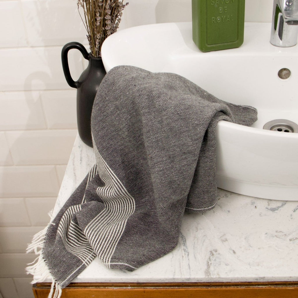 Anza Black Amber Turkish Hand Towel on bathroom sink