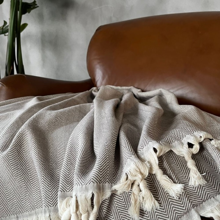 Anza Brown Herringbone Throw fabric closeup