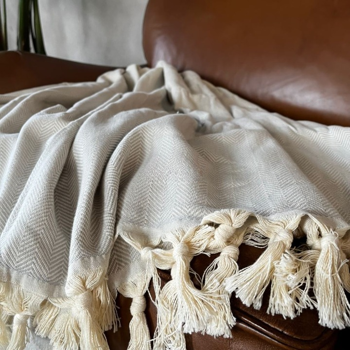 Anza Silver Grey Herringbone Throw fabric closeup