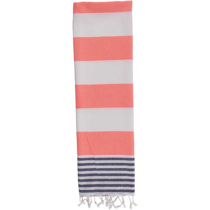 Anza Coral & Navy Blue Ladon Turkish Towel folded