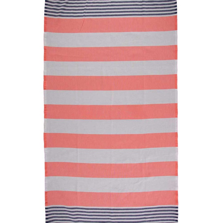 Anza Coral & Navy Blue Ladon Turkish Towel unfolded