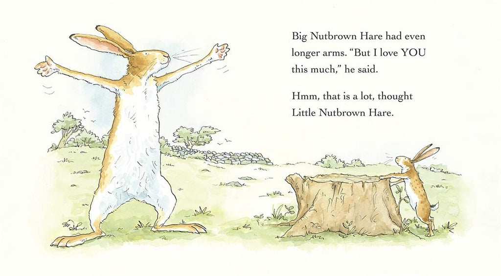Inner page of 'Guess How Much I Love You', watercolor illustration of a small brown rabbit looking at a large brown rabbit with arms outstretched in front of a log.