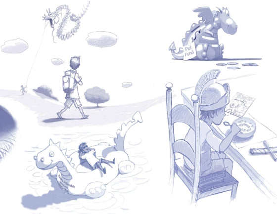 Inner page of "My Dragon and Me", blue-gray illustrations of a boy full of dragon-related daily life.