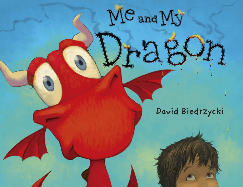 A book cover features a big red dragon next to a little boy looking upward and the title "Me and My Dragon" is written in black and flame font above the author's name "David Biedrzycki"