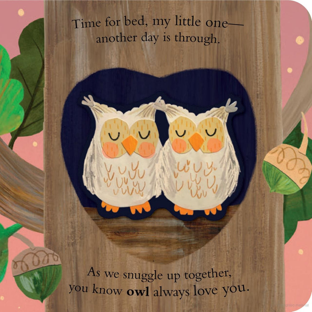 Inner page of "Owls Will Always Love You", a pair of beige owls sleeping in a tree hole.
