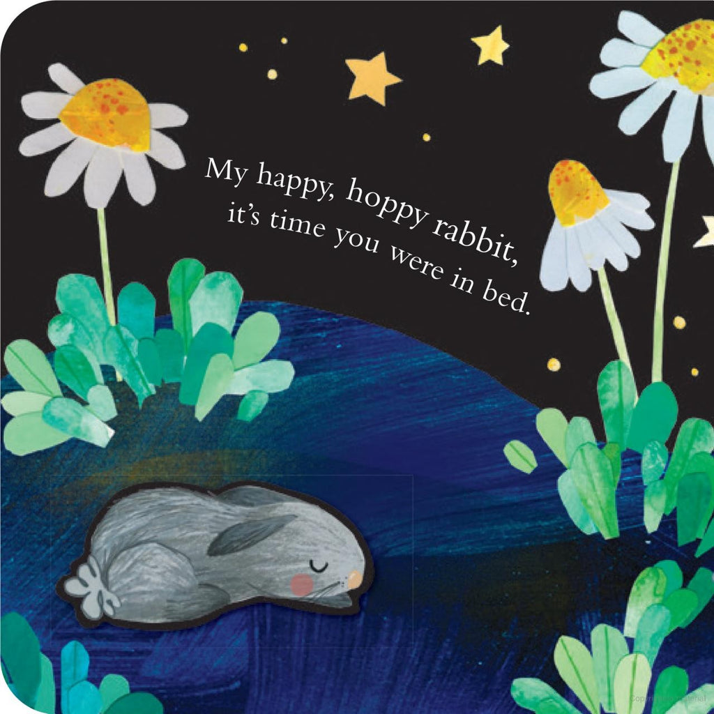 Inner page of "Owls Will Always Love You", a sleeping gray rabbit under a night sky with stars and large daisies.
