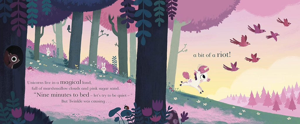 Inner page of " Ten Minutes to Bed: Little Unicorn", a unicorn running through a colorful forest with pink birds flying overhead.