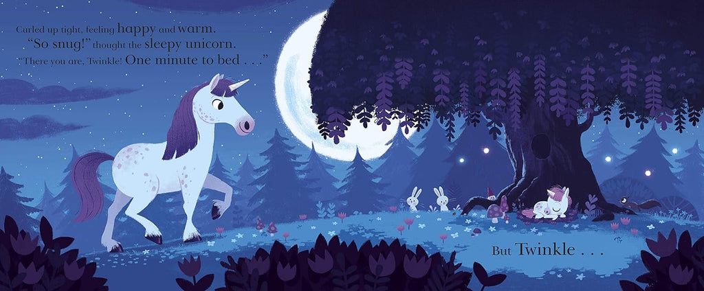 Inner page of " Ten Minutes to Bed: Little Unicorn”, a sleepy unicorn, rabbits and a squirrel watching a sleeping young unicorn in a nighttime forest under a full moon. 