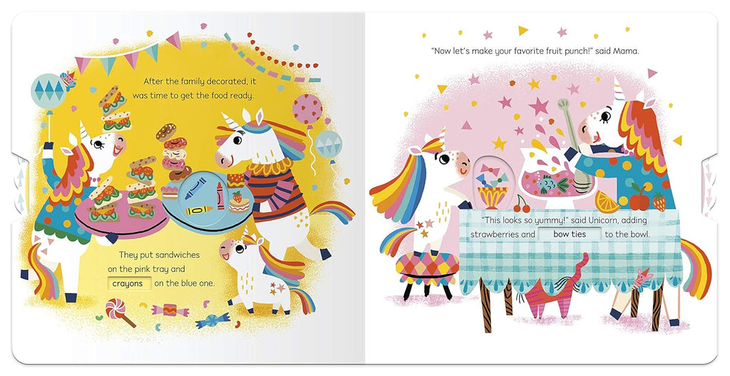Inner page of "Unicorn's Birthday", a whimsical illustration of unicorns preparing for a party with food and decorations.