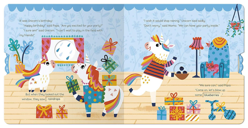 Inner page of "Unicorn's Birthday", illustration of the unicorn family is preparing for a birthday party with gifts, and there are raindrops outside the window.