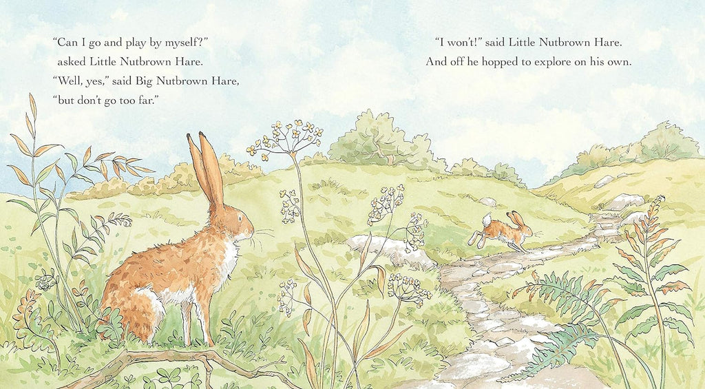 Inner page of "Will You Be My Friend?", watercolor illustration of two hares in a grassy landscape, with one hare sitting and the other hopping along a path.