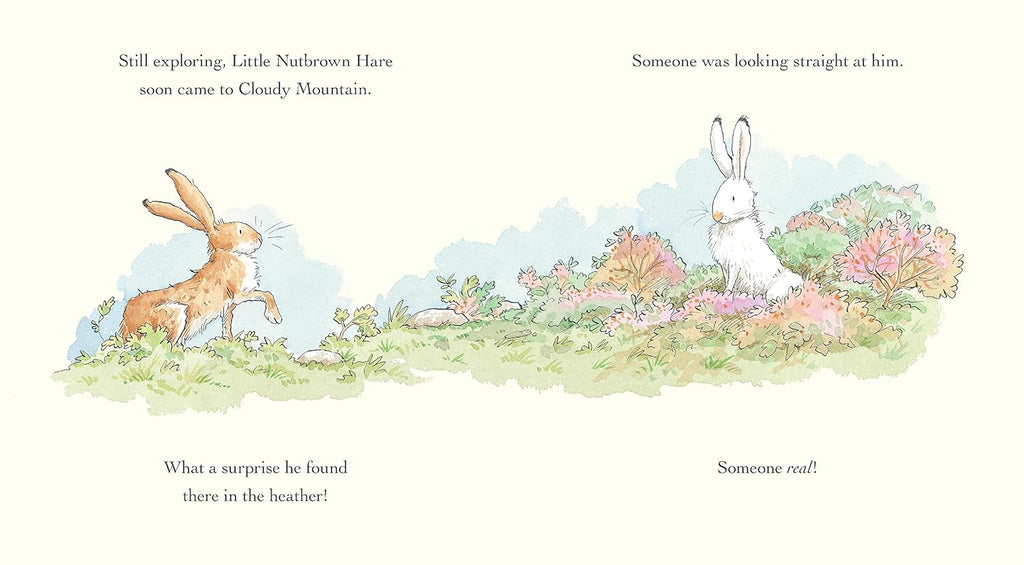 Inner page of "Will You Be My Friend?", watercolor illustration of two hares in a field; a nutbrown hare on the left and a white hare in vibrant foliage on the right.