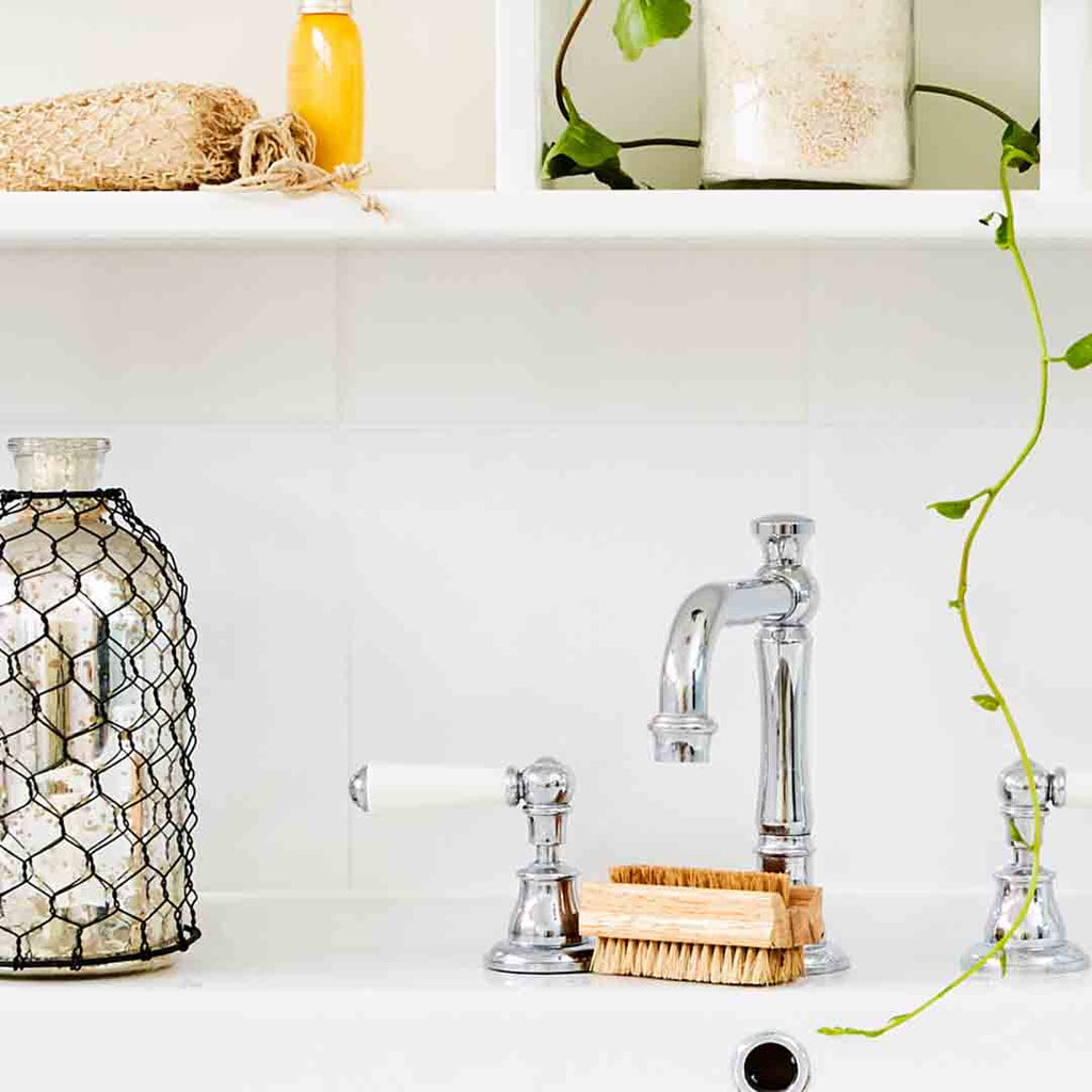 Eco Max Medium Bristle Nail Brush next to a faucet