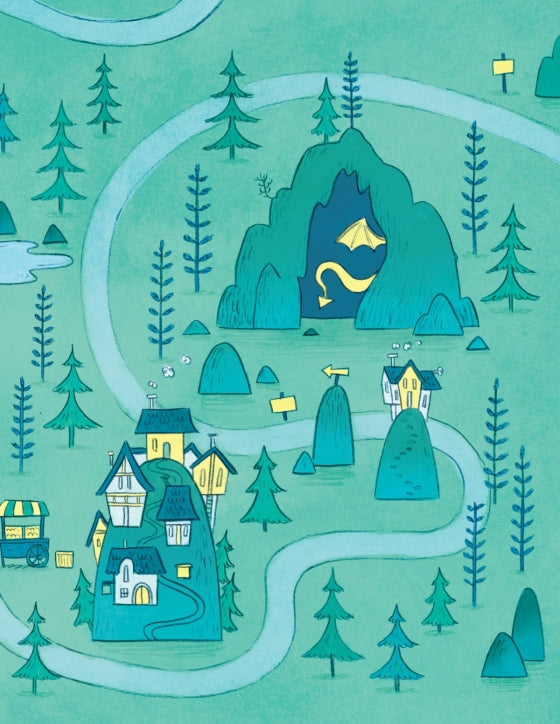 Inner page of "There Was an Old Dragon Who Swallowed a Knight", a blue-green illustration of a map with a dragon in a cave, surrounded by trees, houses, and winding paths.