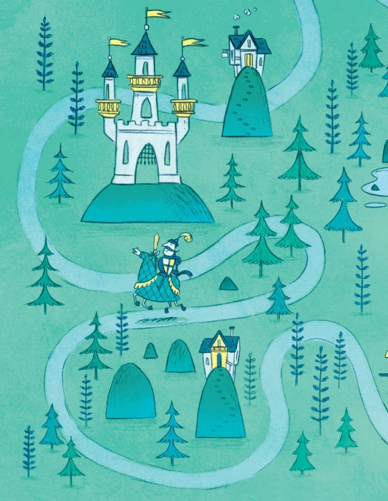 Inner page of "There Was an Old Dragon Who Swallowed a Knight", a blue-green illustration of a knight riding along a path with a castle and trees in a whimsical landscape.