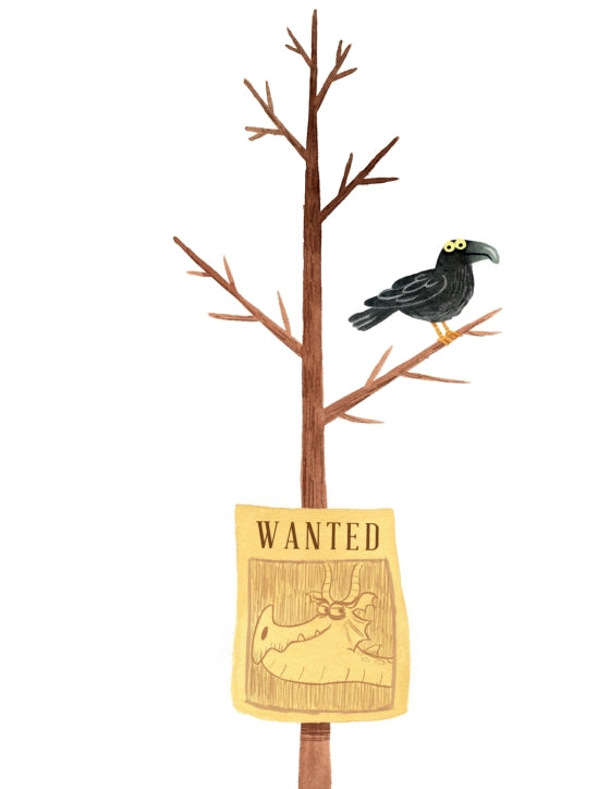 Inner page of "There Was an Old Dragon Who Swallowed a Knight", bare tree with a black bird and a "Wanted" poster featuring a dragon face.