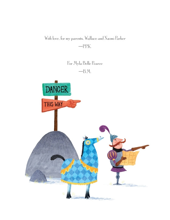 Inner page of "There Was an Old Dragon Who Swallowed a Knight", a quirky knight holds a map next to a blue patterned horse and a sign indicating danger.