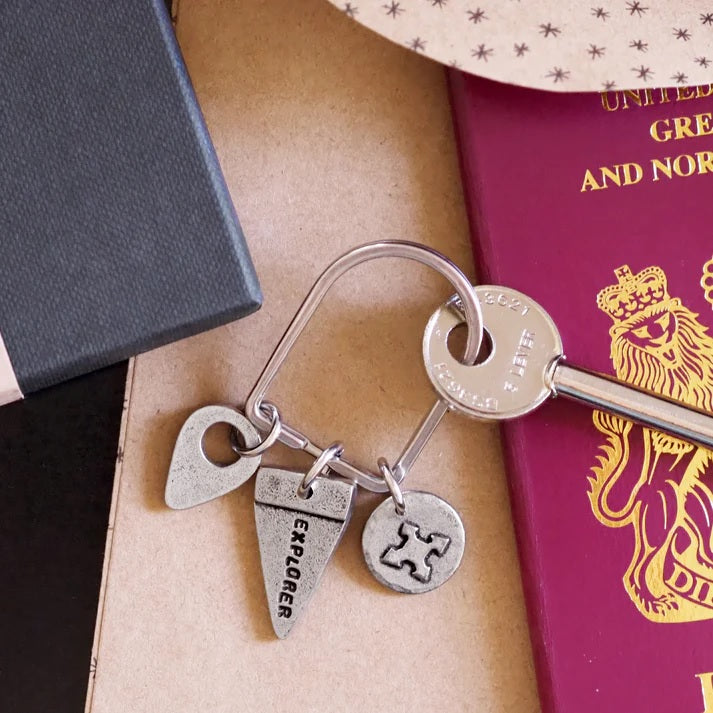 Silver key and a keyring with a triangular flag-shaped "EXPLORER" charm and other charms resting on a passport.