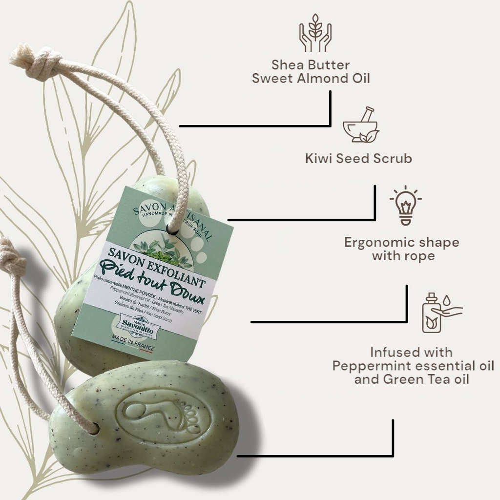 Two green exfoliant soaps with a rope and a tag, featuring ingredients and benefits illustrations.