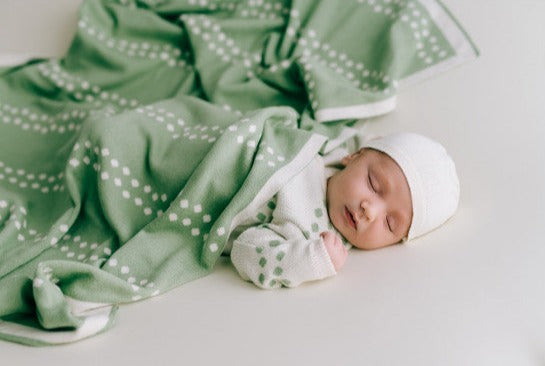 Sleeping Baby in Micu Micu Mint Dots First Baby Outfit and Mint Dots Baby Blanket