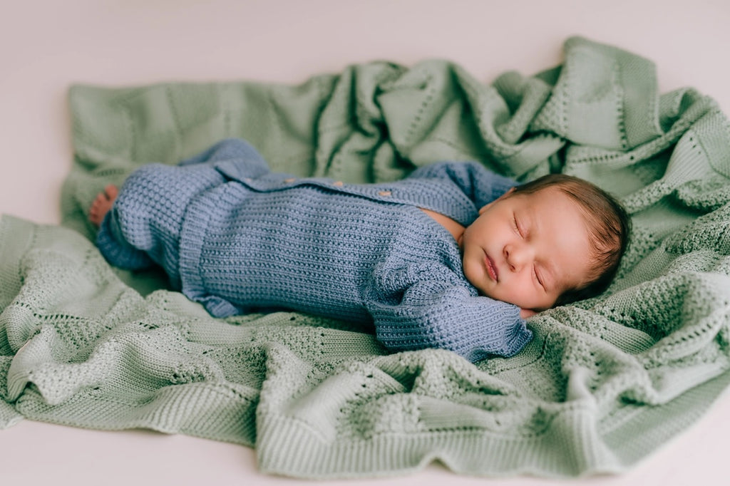 Sleeping Baby in Micu Micu Jeans Jacket and Mint Plaid Baby Blanket