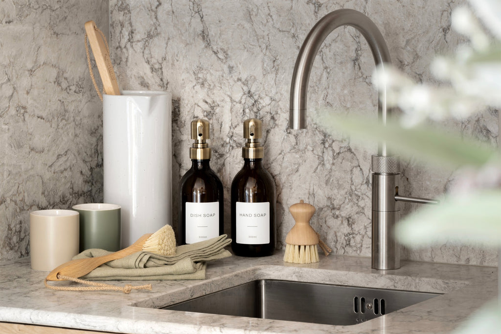 Natural by Hillbrush Stiff Dish Brush and Pot Brush on the side of kitchen sink