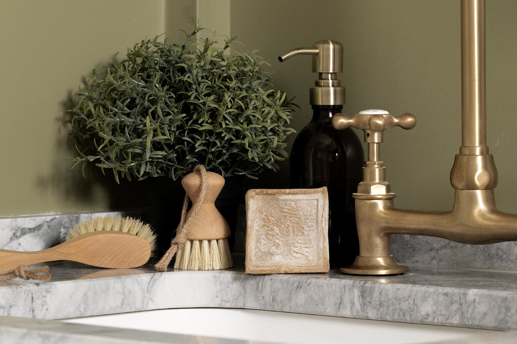 Natural by Hillbrush Stiff Dish Brush and Pot Brush on the side of kitchen 