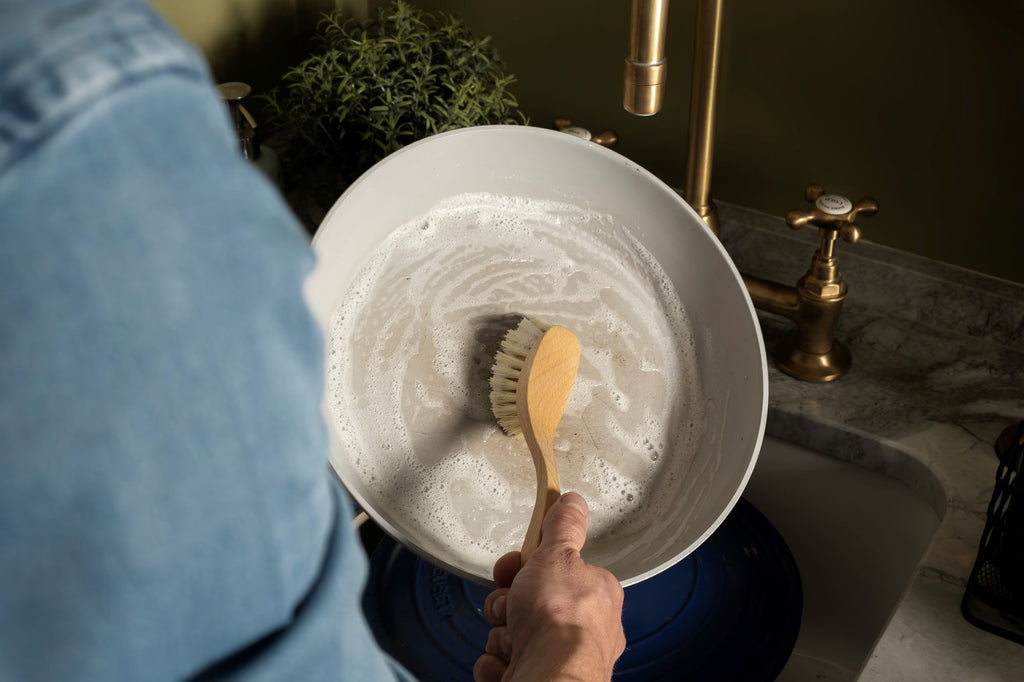Cleaning pots and pans with Natural by Hillbrush Stiff Dish Brush