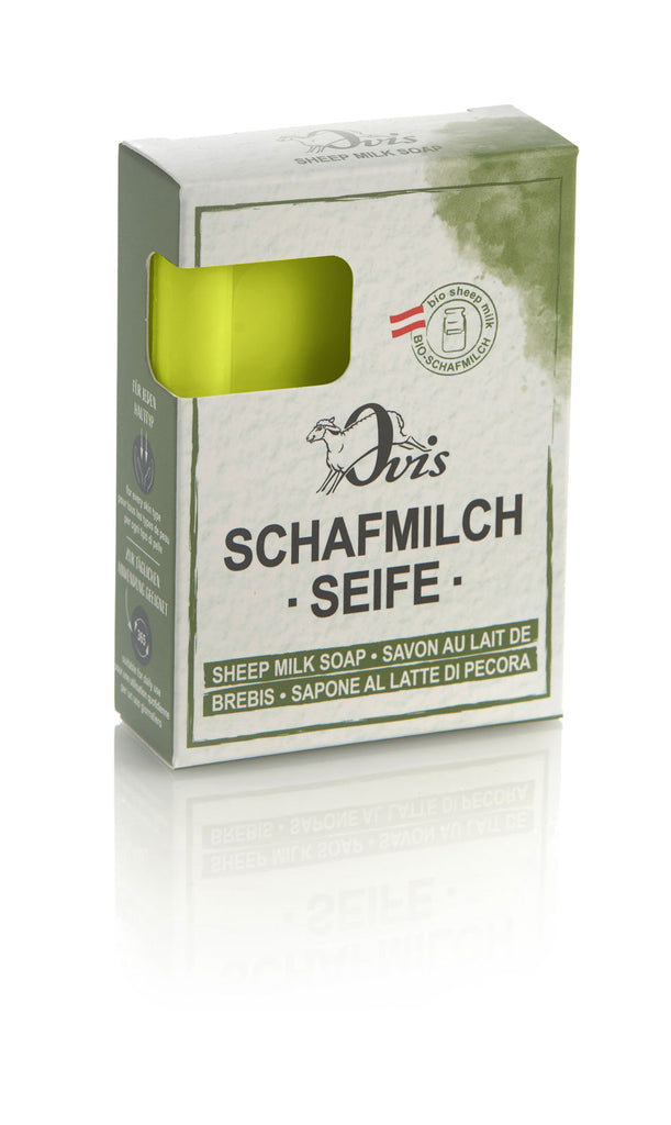 Box of Ovis sheep milk soap with part of the lime green soap bar visible.