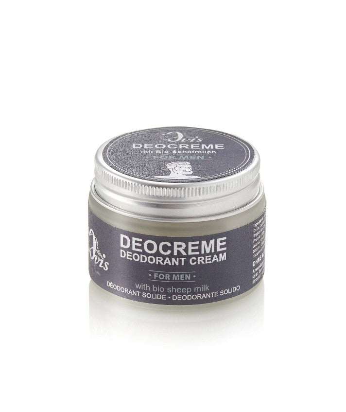 A glass jar of men's deodorant cream with a black label and silver lid.
