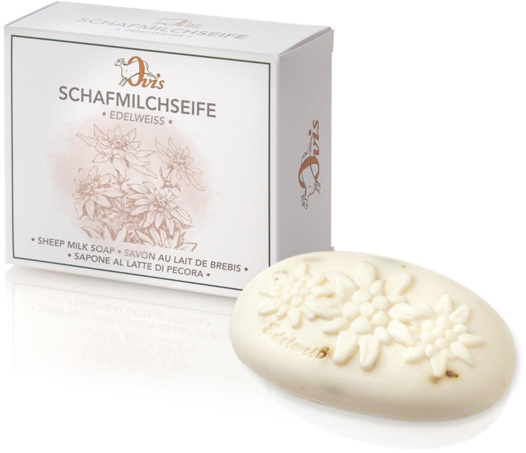 Box and bar of edelweiss sheep milk soap with embossed floral design.