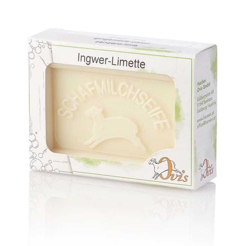 Box of Ovis sheep milk soap with part of the off-white soap bar visible.