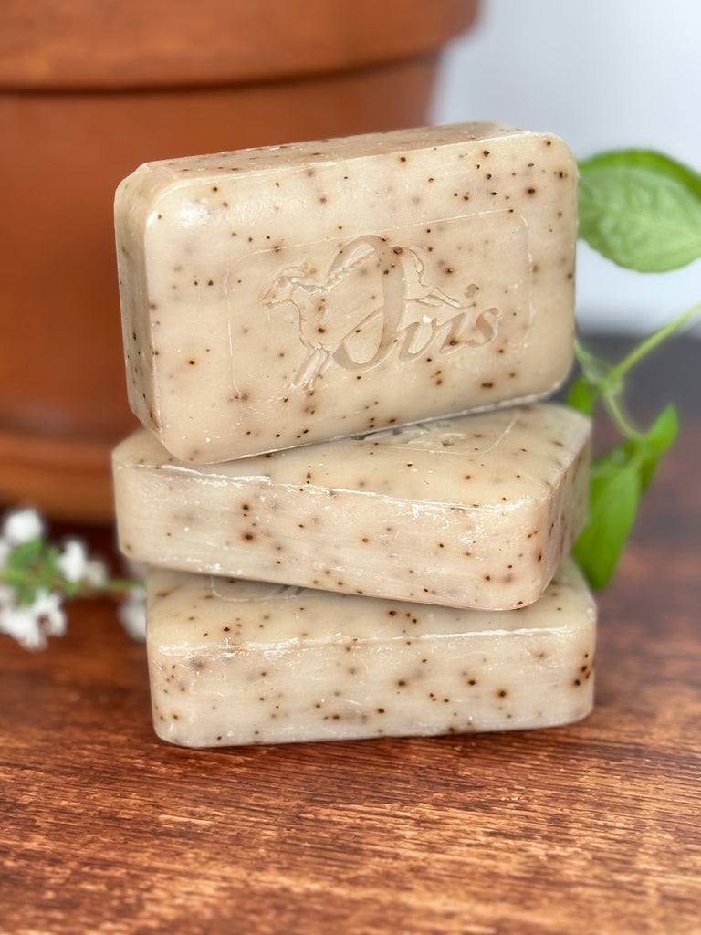 Three bars of speckled beige soap stacked on a wooden surface with a terracotta pot and green foliage in the background.