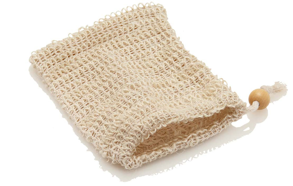 Beige woven mesh bag with a wooden bead on a drawstring against a white background.