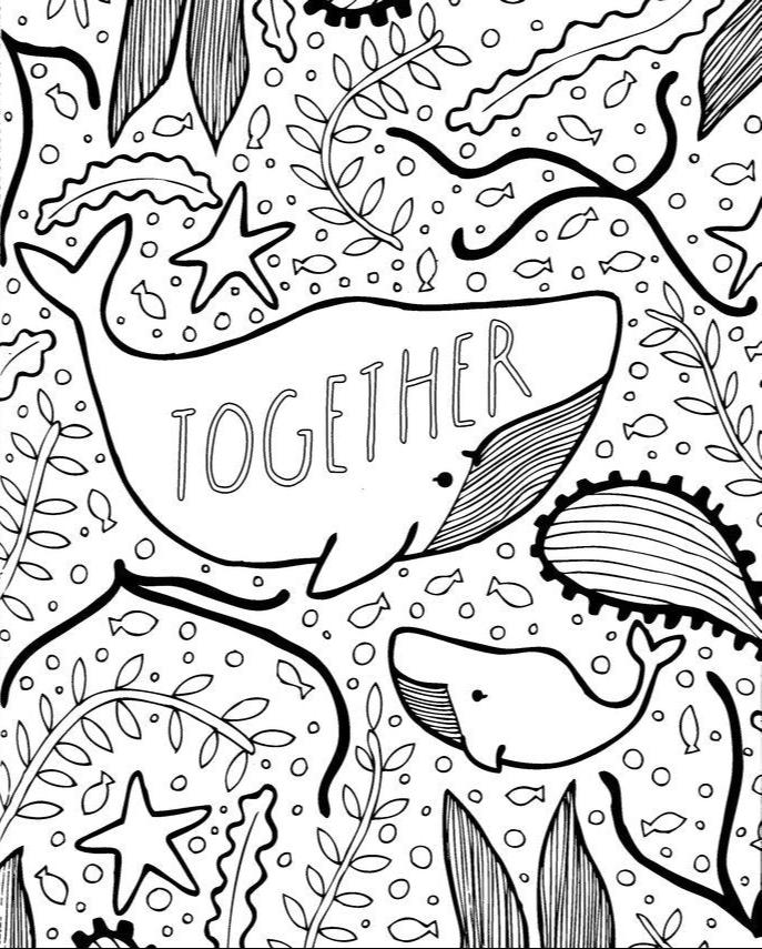 Inner page of "Together:  A Mommy + Me Coloring Book", black line drawing of a whale with "TOGETHER" on its side, and its calf swim underneath, surrounded by marine life.