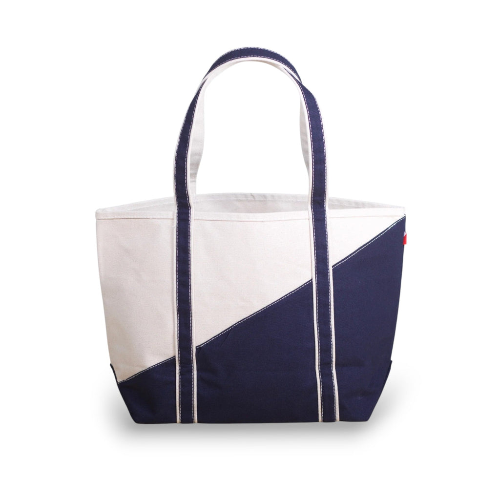 ShoreBags Contemporary Canvas Tote bag with off-white and navy blue diagonal design and navy blue handles.
